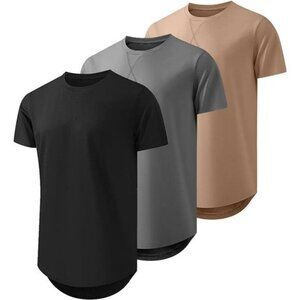 Mens Longline T Shirt Pack of 3 Crewneck Hip Hop Cotton Short Sleeve Tee Set
